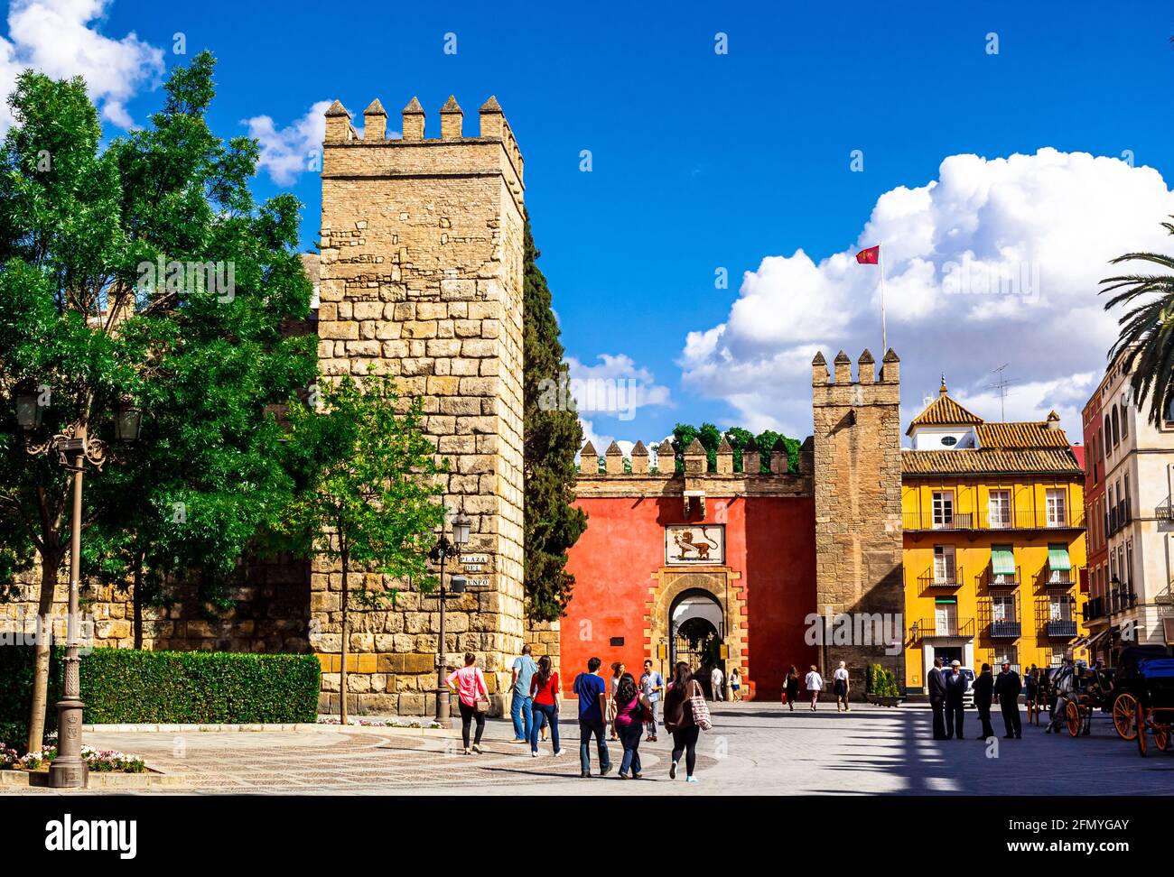 Seville, Andalusia, Spain - May 18, 2013: Entrance (Lion`s Gate ) to the Palace Alcazar. Stock Photo